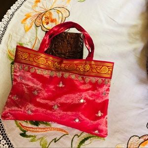 Frankie and Johnnie Small Satin Embroidered & Beaded Bag. Fuscia Pink 9.5" x 7"